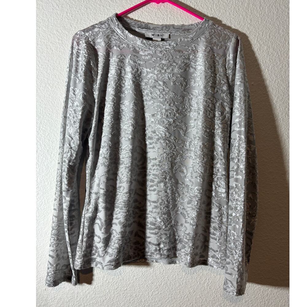White House Black Market Size M Silver Floral Embossed Long Sleeve Top WHBM